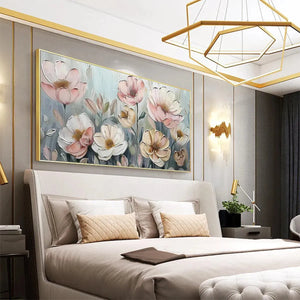Impasto floral painting 'Soft Blossoms' in a bedroom, with soft pink and white flowers, modern home decor.