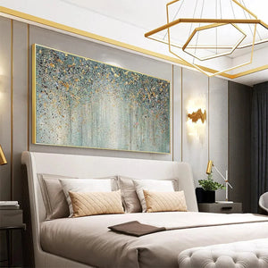 Golden Rain abstract painting by Willow Davies, gold and green art on canvas, framed, above a bed, modern bedroom decor