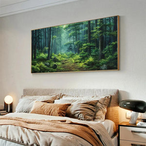 Liam O'Connell's Forest Path art, green forest scene with mossy path above a bed, for home decor.