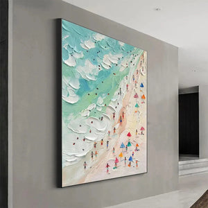 Isabella Rossi Beach Day painting: Textured beach scene with colorful umbrellas and figures, original artwork, framed.