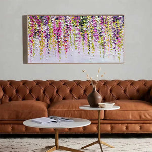 Elodie Dubois' Wisteria Cascade painting: Impasto floral art with pink, purple, green wisteria blossoms; framed.