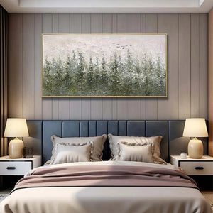 Misty Forest painting by Liam O'Connell above bed, textured landscape in green and grey tones, framed artwork.