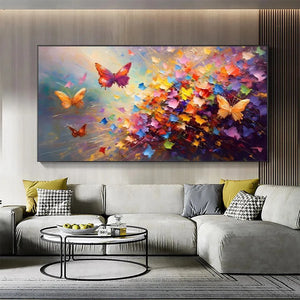 Living room with Butterfly Flight oil painting, colorful impasto butterflies by Willow Davies. Page Type: Room Decor Showcase.