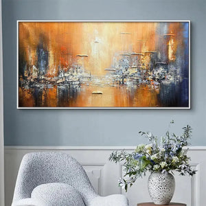 GOLDEN CITY painting by Isabella Rossi: Orange and blue abstract cityscape. Textured framed artwork.