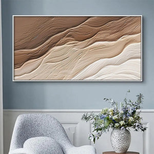 DESERT FLOW painting by Liam O'Connell, abstract landscape in brown, beige, and white, textured art, modern wall decor.
