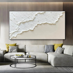 White Wave textured abstract painting by Liam O'Connell. Minimalist coastal art on beige canvas, framed.