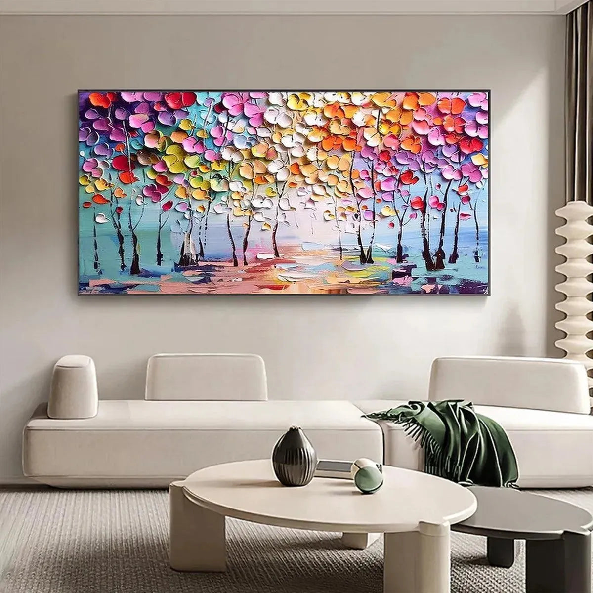 Textured impasto forest painting: vibrant multi-colored leaves on slender trees, pale blue sky, modern living room art.
