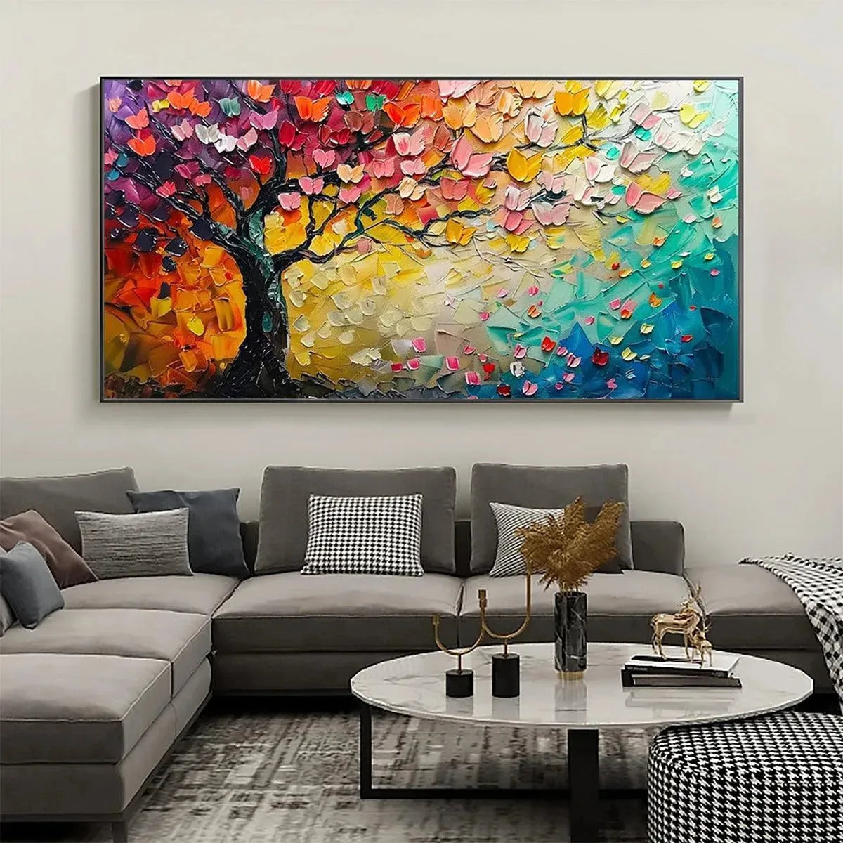 Original textured impasto tree painting with vibrant leaves and butterflies. Horizontal wall art.