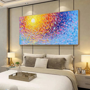 SUNRISE SERENADE textured abstract sunrise painting, yellow & blue impasto wall art, above bed.
