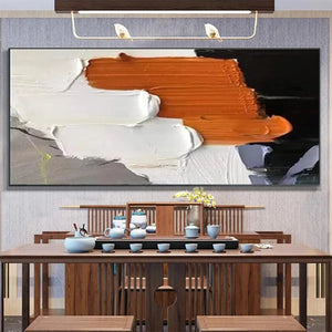 ORANGE BURST: Isabella Rossi textured abstract impasto painting, orange, white, black, horizontal for living room.