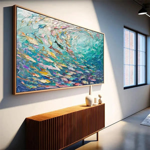 OCEAN CURRENTS painting by Willow Davies, framed. Colorful school of fish in turquoise seascape. Modern living room art.