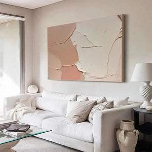 Liam O'Connell Nude Abstract textured painting in peach, cream, beige above sofa context.