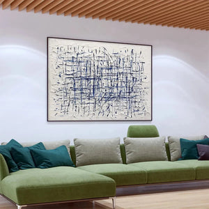 BLUE WEAVE abstract painting by Javier Ramirez, textured blue and white artwork, modern home decor above a green couch