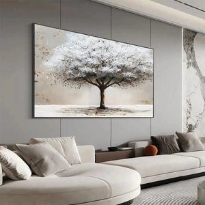 Winter's Grace painting by Liam O'Connell featuring a white textured tree with gold accents. Modern art for home decor.