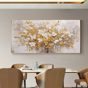 Golden Garden impasto painting by Elodie Dubois, white and gold floral details, adding French elegance above dining room.