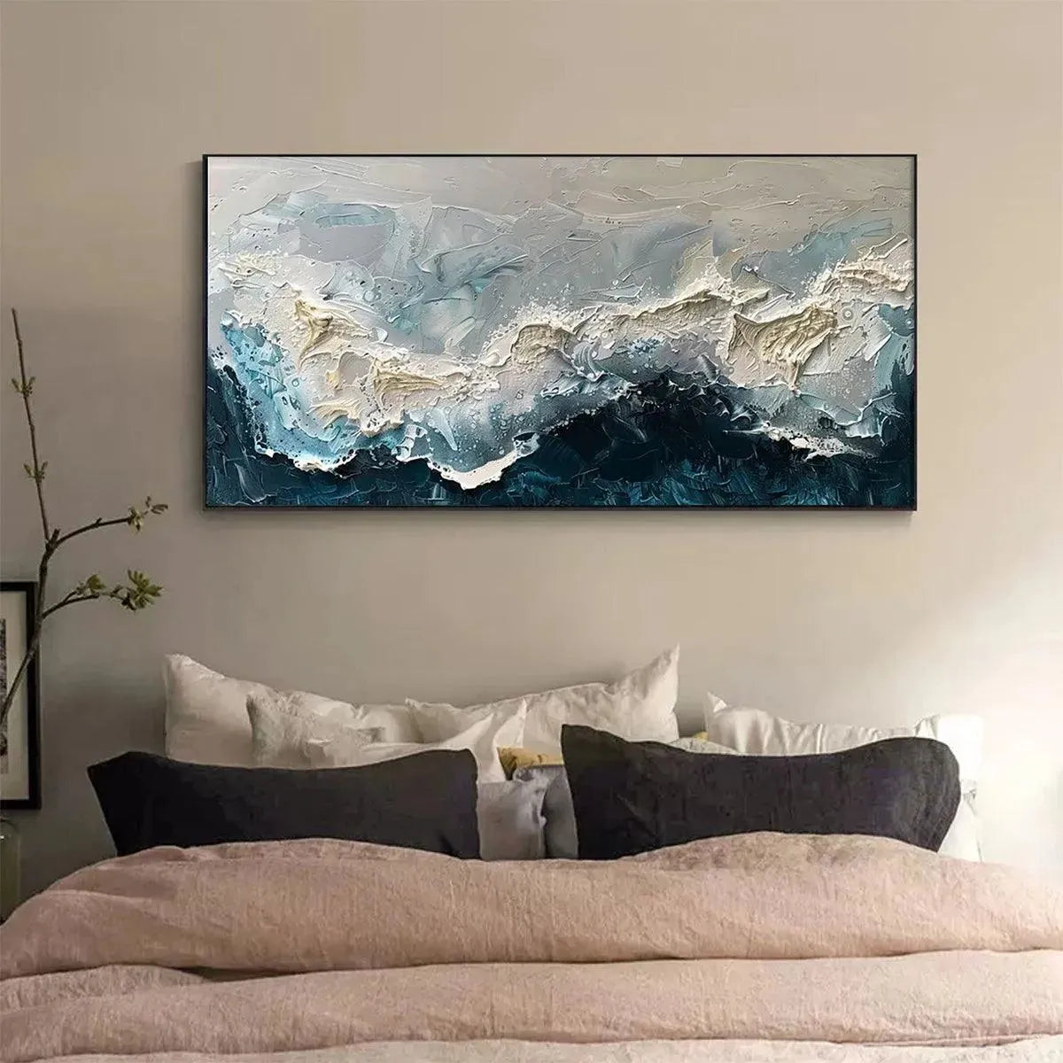 Frozen Motion abstract waterscape painting by Liam O'Connell in teal, white, and blue tones, textured layers, framed.