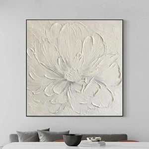 White peony textured painting by Elodie Dubois. Minimalist impasto artwork, elegant home decor. Close-up of petals.