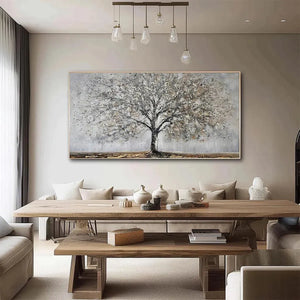 SILVER BIRCH textured tree painting (grey, gold) showcasing its grand scale in a modern dining room.