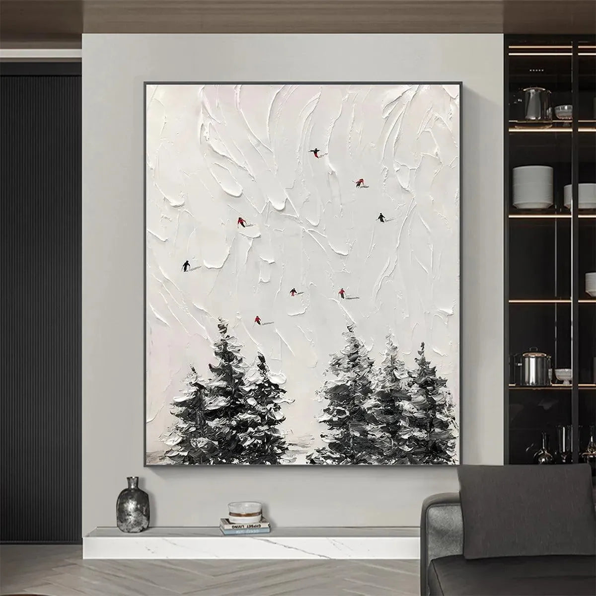 Javier Ramirez's Alpine Ski painting: minimalist ski scene, textured white, black and white trees, red skier accents.