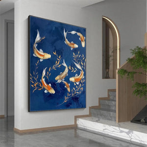Vertical Golden Koi painting on blue, showcasing its scale in a bright modern hallway, perfect for home decor.