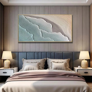 Liam O'Connell 'Emerald Waves' abstract painting above bed, teal and grey textured seascape art, modern home decor, MontCarta