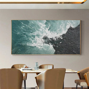 TURQUOISE CRASH abstract seascape painting by Liam O'Connell, with teal and black textured waves, framed artwork.