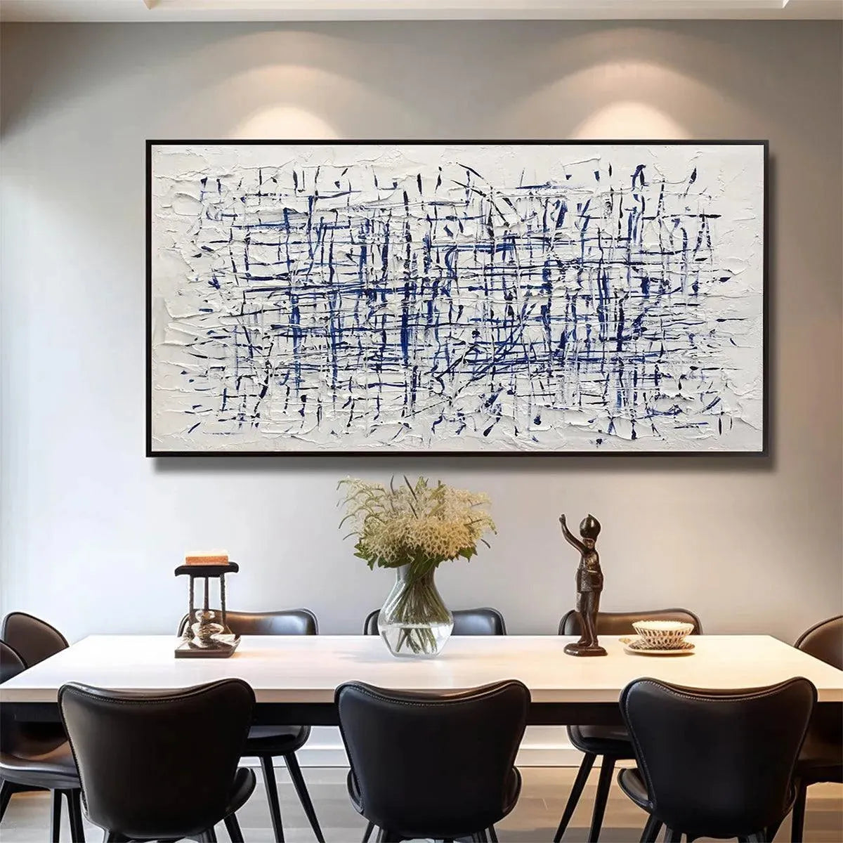 BLUE GRID by Javier Ramirez: Abstract painting with textured white and blue lines, framed artwork for modern spaces.