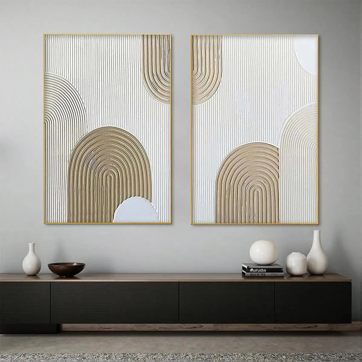 Beige Textured Arches Diptych by Isabella Rossi: Abstract painting set of 2, vertical art with neutral tones and gold frames.