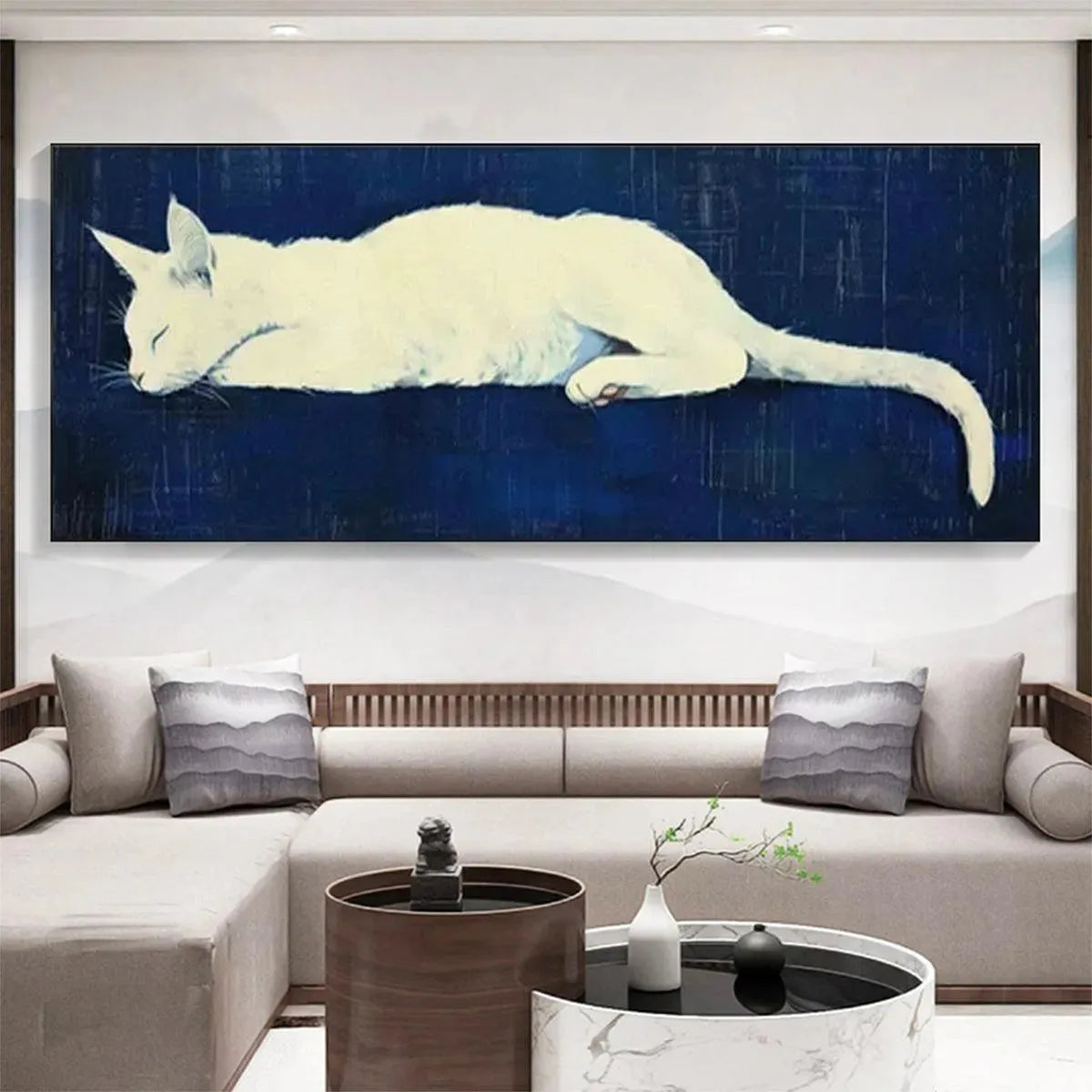 SLEEPING WHITE CAT PANORAMIC: Cat Painting, Panoramic Wall Art, Pet Portrait