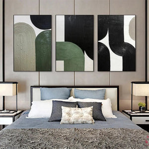 ARCHES TRIPTYCH set of 3 textured abstract paintings with minimalist arches in green, black, white above bed