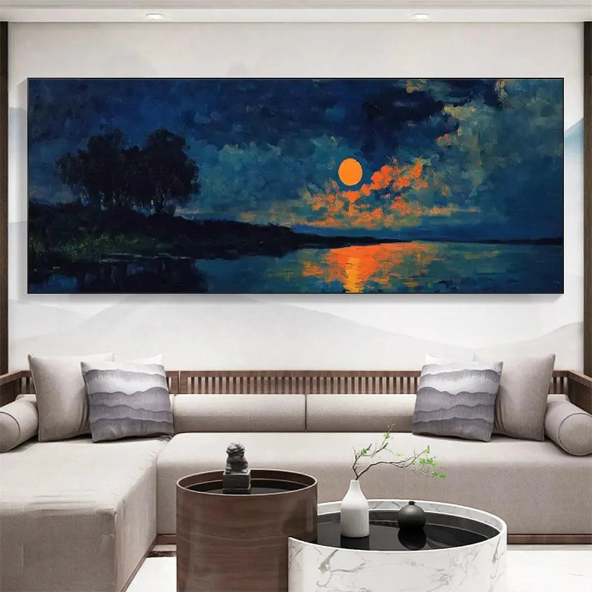 Panoramic wall art showing Harvest Moon over Lake by Liam O'Connell, displayed in a modern living room.