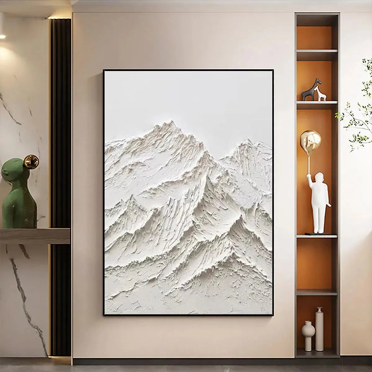Textured white mountain impasto painting, Liam O'Connell, framed in black, hallway decor