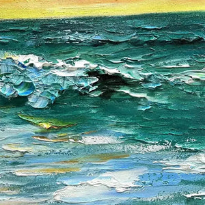 Vibrant impasto ocean painting close-up with thick teal waves, white foam, and textured yellow sky.