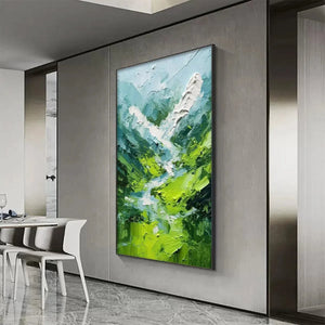 Emerald Valley abstract painting, Willow Davies artwork, green and blue mountain landscape, framed, modern home decor.