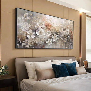 Elodie Dubois 'Whispering Blossoms' impasto painting in bedroom decor, white and beige floral details, art for living room.