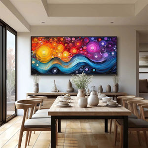 COSMIC WHIRL painting by Willow Davies, colorful abstract art with impasto texture, modern dining room decor, vibrant colors.