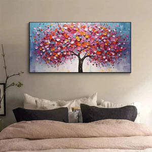 Jewel Tones Tree impasto painting by Liam O'Connell, framed art for bedroom decor, featuring pink, orange and blue hues