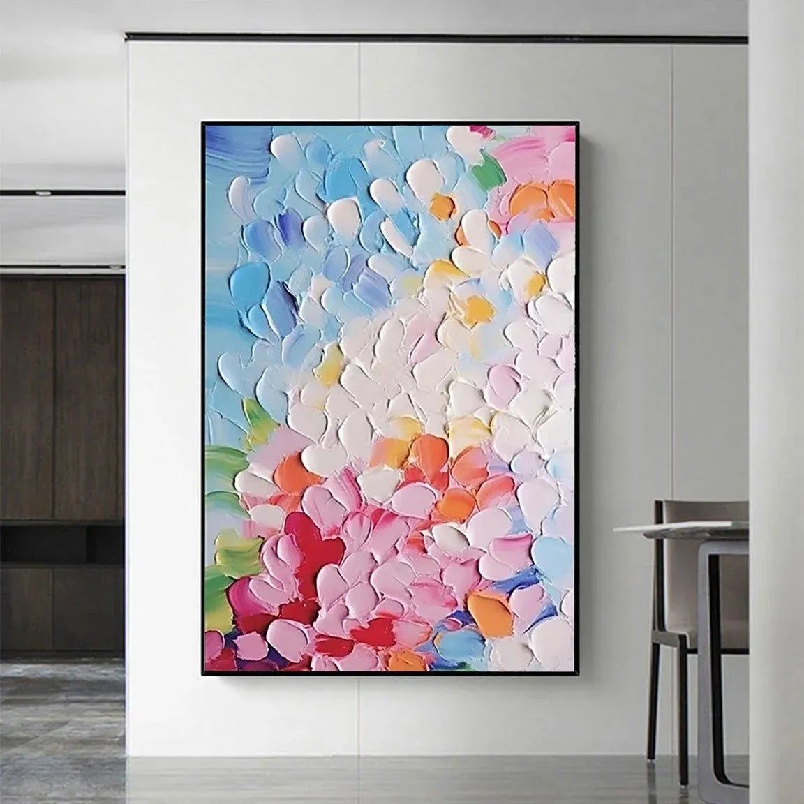 Blooming Bouquet impasto painting by Elodie Dubois, vibrant colors, floral textures, black frame. Modern art.