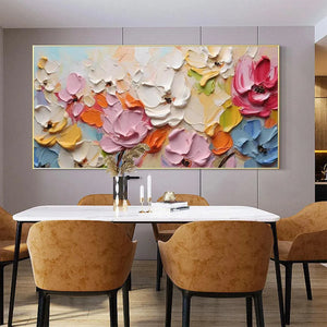 SPRING BOUQUET: Textured impasto floral painting by Isabella Rossi, pastel rainbow colors, framed, modern art