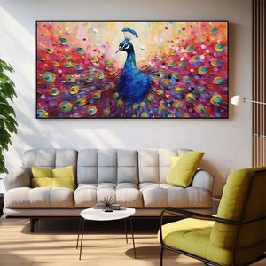 MAJESTIC PEACOCK painting by Willow Davies: Colorful peacock with open feathers, modern art for home decor.