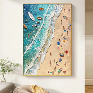 Textured painting of aerial beach scene with turquoise waves, golden sand, people, and boats.