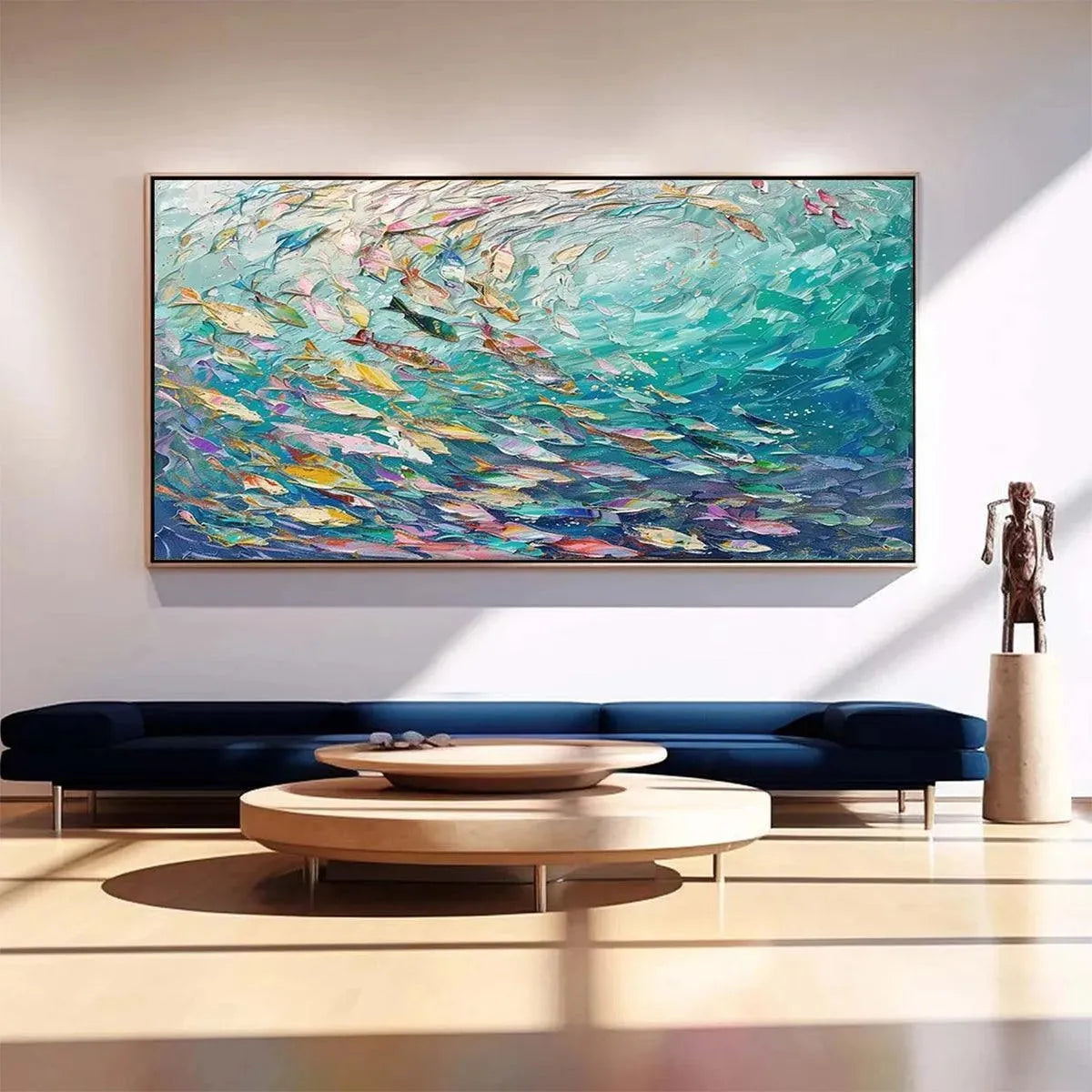 Willow Davies' OCEAN CURRENTS painting: framed, vibrant fish in turquoise seascape, modern living room art.