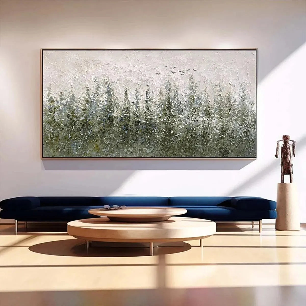 Misty Forest textured landscape painting artwork by Liam O'Connell in a living room setting.