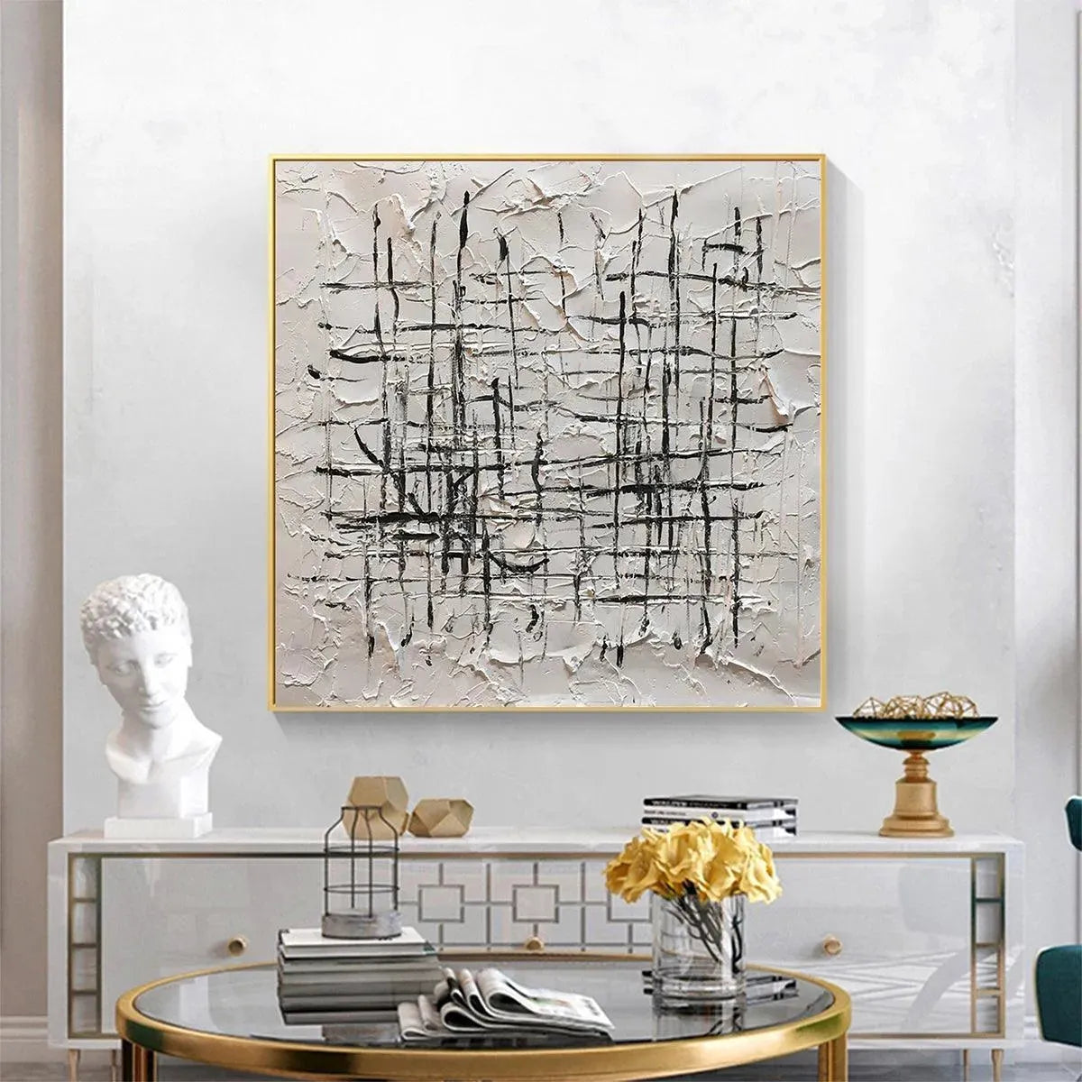 Minimalist WOVEN LINES abstract art in black and white. Textured canvas painting by Javier Ramirez, framed.