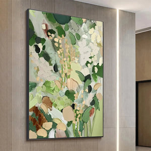 Elodie Dubois "Whispering Meadow" abstract floral painting, green, gold, beige, framed, modern artwork