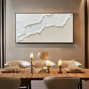 White Wave abstract painting by Liam O'Connell, textured white waves on beige canvas, framed. Coastal minimalist art.
