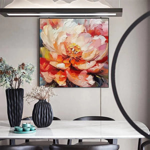 Blooming Peony by Isabella Rossi: Impasto painting in pink and orange, perfect for modern floral art decor.