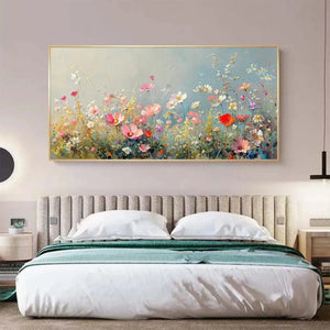 Isabella Rossi's Wild Meadow panoramic painting. Pink, white, and red wildflowers in gold frame. Bedroom decor.