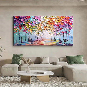 ENCHANTED FOREST painting by Liam O'Connell: Colorful, textured leaves in vibrant forest art. Modern living room.