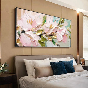 Golden Blush floral impasto painting by Elodie Dubois, featuring pink and gold blossoms, framed art for bedroom decor.